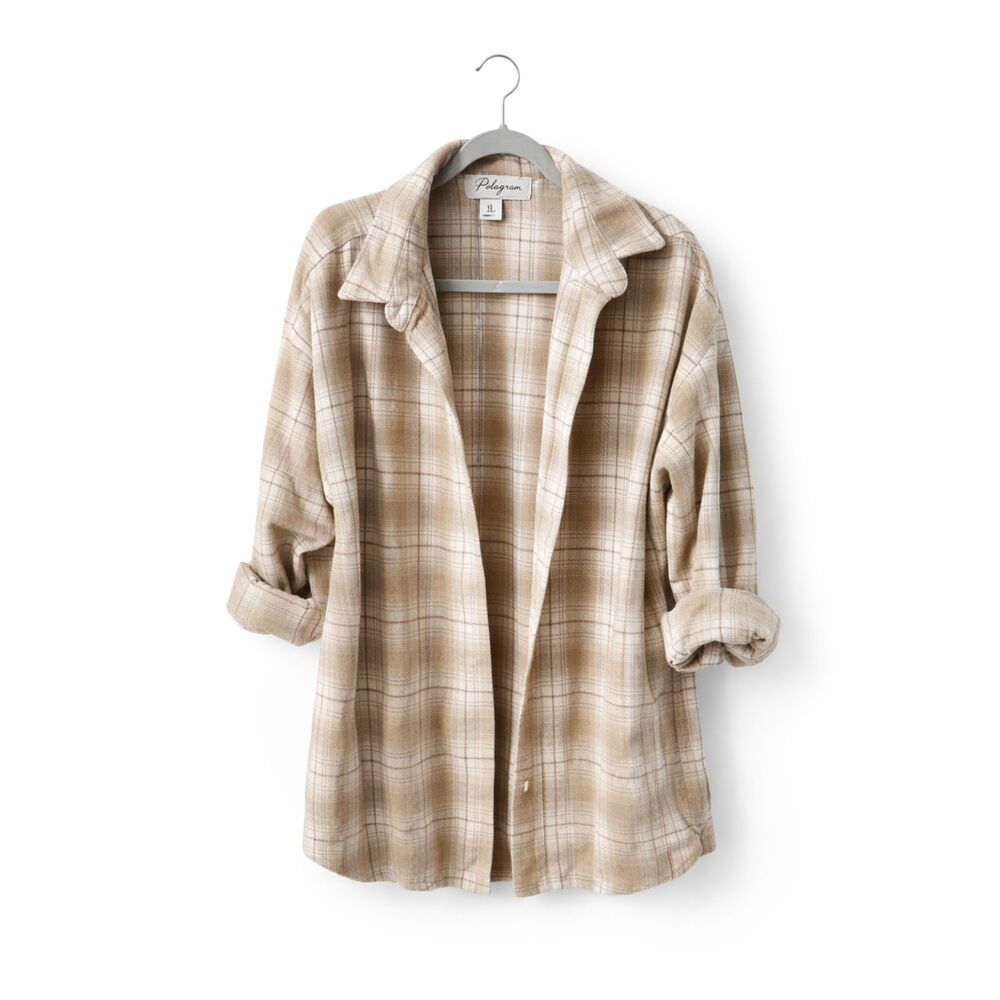Polagram Plaid Button Up Neutral Oversized Shacket L Comfy Granola Cabincore